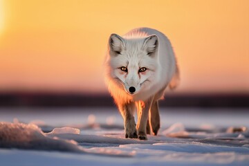 AI generated illustration of A white fox standing in the center of a  winter landscape at dusk. - obrazy, fototapety, plakaty