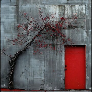 A Red Door And A Tree In Front Of A Gray Wall