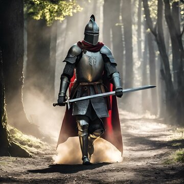 knight in armor standing on dirt road with sword, in front of trees