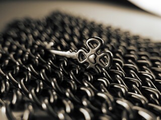 Closeup grayscale of a metal key with a heart pattern on a shining chainmail