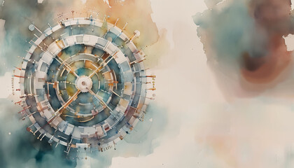 Abstract watercolor illustration of a circular architectural structure with a futuristic design, suitable for concepts like innovation, technology, and urban planning