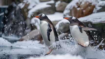 Obraz premium Playful penguins sliding on ice AI generated illustration