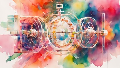 Abstract watercolor rendition of precise scientific instruments, potential for themes of innovation, creativity, and National Inventors' Day