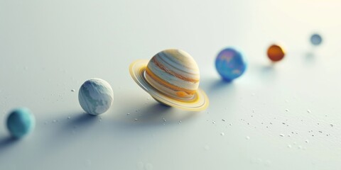 Solar system planets aligned on a reflective surface with a minimalist aesthetic.