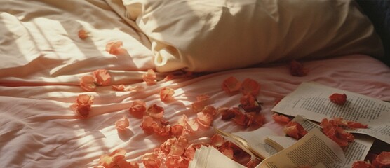 a bed covered in sheets and petals sitting on top of it