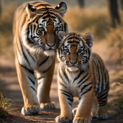 AI generated illustration of two Bengal tigers in a savannah