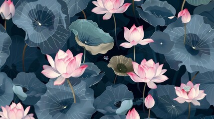Serene lotus flowers in a tranquil pattern  AI generated illustration
