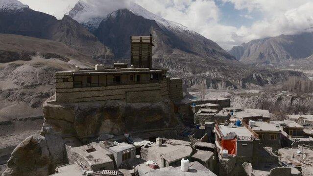Ancient Altit Fort In Karimabad, Hunza Valley In Gilgit Baltistan, Pakistan. 12 century Fortress - Aerial Drone Shot