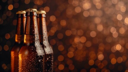 Close-up of chilled beer bottles with condensation against a sparkling golden bokeh background in a celebration setting. - obrazy, fototapety, plakaty