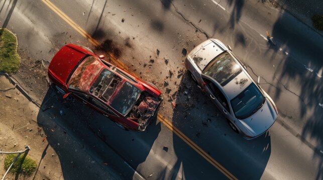 Aerial View of Severe Two-Car Collision on Road.