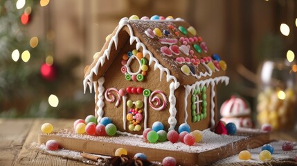 Sweet gingerbread house with candy decorations  AI generated illustration