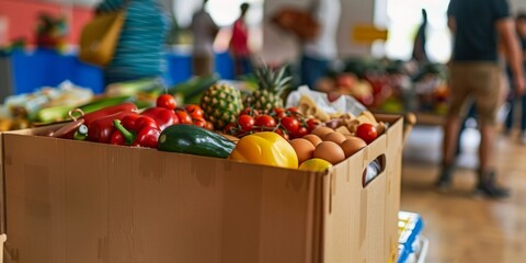 Box of fresh vegetables and fruits with eggs at a local farmer's market with people in background.
