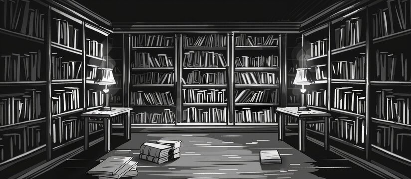 Fototapeta A monochrome photograph of a building filled with shelves of books. The furniture is made of dark wood, with a door and window visible in the background
