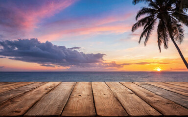wooden empty table at sunset with ocean view