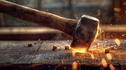 Vibrant scene of a hammer hitting a nail into walnut wood, capturing the essence of traditional carpentry - obrazy, fototapety, plakaty