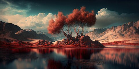 AI generated illustration of an idyllic landscape of a small island featuring a solitary tree - obrazy, fototapety, plakaty