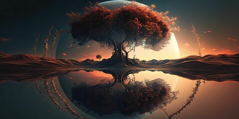 AI generated illustration of an idyllic scene of a tree and its reflection in calm waters of lake - obrazy, fototapety, plakaty