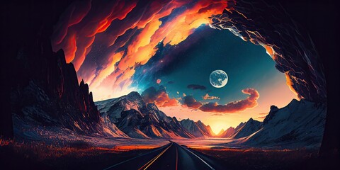 AI generated illustration of a scenic mountain landscape at night