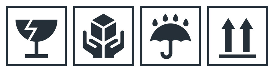 Fragile. Handle with care. Keep away from water. This side up. Packaging symbols. Vector icon set.
- 779548148