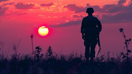 Soldier in uniform, standing resilient at dawn, silhouette against the rising sun, embodying courage and duty. A powerful tribute