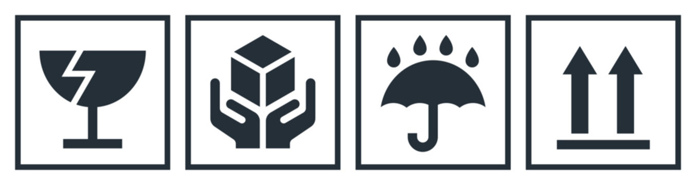 Fragile. Handle with care. Keep away from water. This side up. Packaging symbols. Vector icon set.
