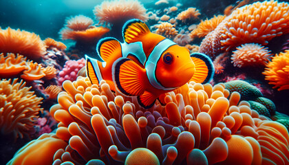 for advertisement and banner as Reef Resilience A clownfish among coral reefs highlighting the resilience of marine ecosystems. in Pet Behavior theme ,Full depth of field, high quality ,include copy s