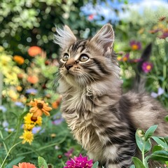 Naklejka na ściany i meble Adorable kitten in a stunning flower field, AI-generated.