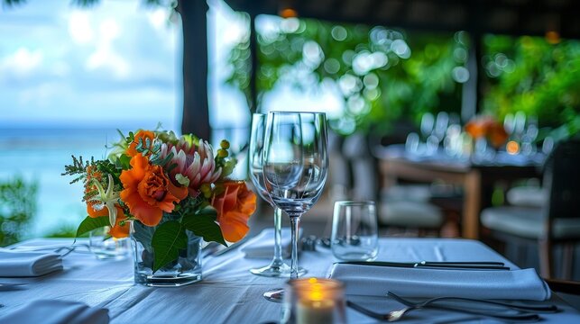Elegant beachside restaurant table setting with vibrant floral centerpiece