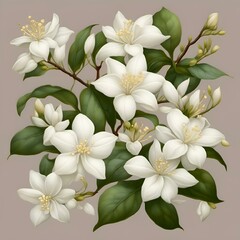 AI generated illustration of white jasmine flowers on a neutral background