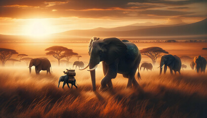 for advertisement and banner as Savannah Stroll Elephants roaming the savannah embodying the spirit of the grasslands. in Pet Behavior theme ,Full depth of field, high quality ,include copy space on l