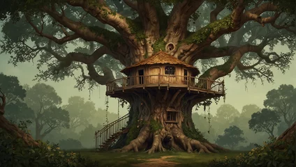 Tuinposter A treehouse in a large tree with a forest in the background   © Noman