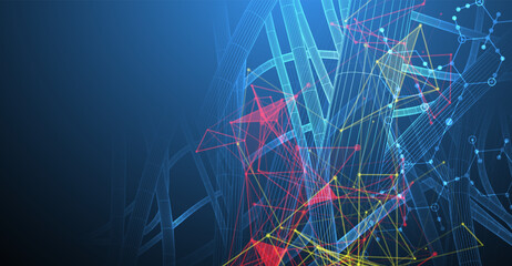 Sci-fi background. Wireframe dynamic pipes with the use of colored plexus effect and hexagons.