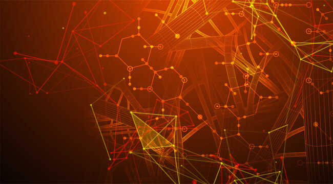 Sci-fi background. Wireframe dynamic pipes with the use of colored plexus effect and hexagons.