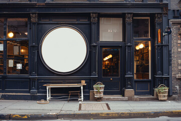 Charming modern antique shop exterior with a large blank round sign