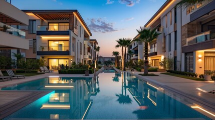 Luxurious condo at dusk, its lights reflecting on a tranquil pool, offering a serene accommodation option - obrazy, fototapety, plakaty
