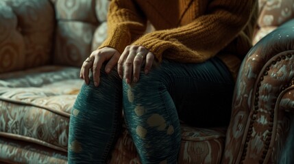 Intimate close-up of a woman on a sofa, clutching her knee in pain, a raw portrayal of arthritis