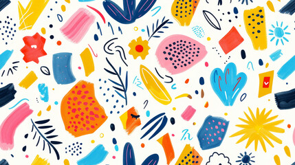 Colorful abstract organic shapes seamless pattern set on white background
