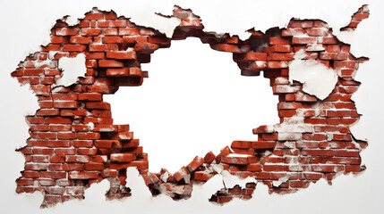 Hole breaking through a red brick wall, cut out