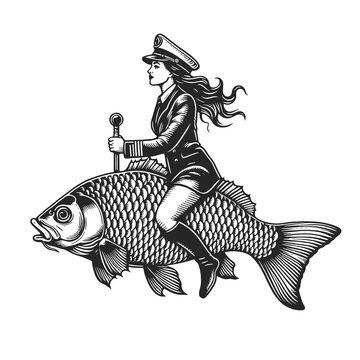 Pirate woman captain riding fish sketch engraving generative ai fictional character raster illustration. T-shirt apparel print design. Scratch board imitation. Black and white image.