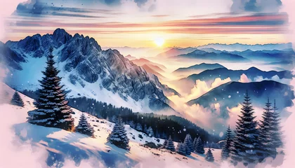 Foto op Canvas Photo real as Alpine Glow A watercolor sunrise over snow capped mountains. in nature and landscapes theme ,for advertisement and banner ,Full depth of field, high quality ,include copy space on left,  © Gohgah
