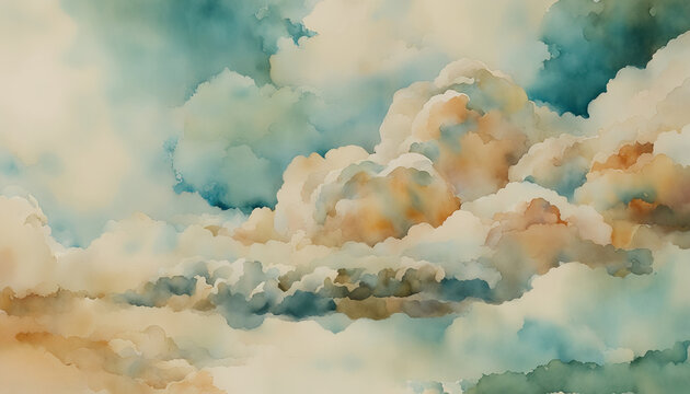 Abstract watercolor painting of fluffy clouds in a serene sky, suitable for artistic backgrounds, meditation content, and World Art Day themes