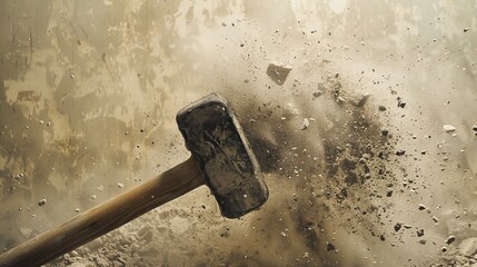 Dynamic action of a rubber mallet hitting a wall, debris scattering, in a cloud of renovation dreams