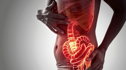 Detailed portrayal of abdominal pain symptoms in a woman with arthritis, focus on discomfort and resilience