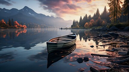 AI generated illustration of an autumnal serenity on a tranquil lake - obrazy, fototapety, plakaty