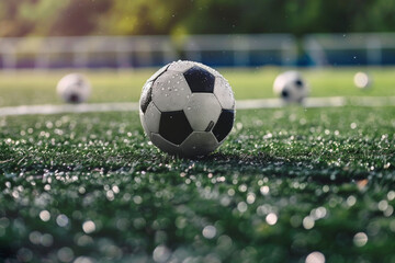 A closeup of a football on a football field