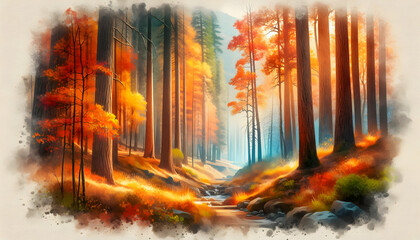 Photo real as Autumn Aura A forest ablaze with autumn colors in a watercolor masterpiece. in nature and landscapes theme ,for advertisement and banner ,Full depth of field, high quality ,include copy  - obrazy, fototapety, plakaty