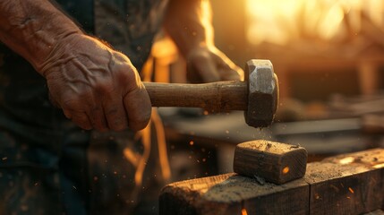 Close-up of a skilled artisan's hand wielding a hammer, detailed textures of the tools against the backdrop of a sunlit workshop - obrazy, fototapety, plakaty