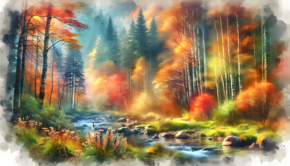 Photo real as Autumn Aura A forest ablaze with autumn colors in a watercolor masterpiece. in nature and landscapes theme ,for advertisement and banner ,Full depth of field, high quality ,include copy 