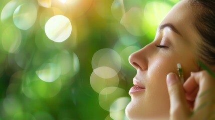 Close-up of a serene woman applying ear drops with a green, soothing background - obrazy, fototapety, plakaty