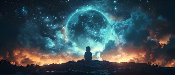 Child looks out window at night sky filled with dreams and ideas. Concept Child's Imagination, Night Sky, Dreamy, Contemplative Mood, Window View